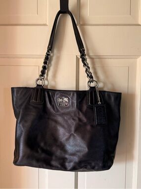 Coach Black Leather Tote with Chain-Strap Detail